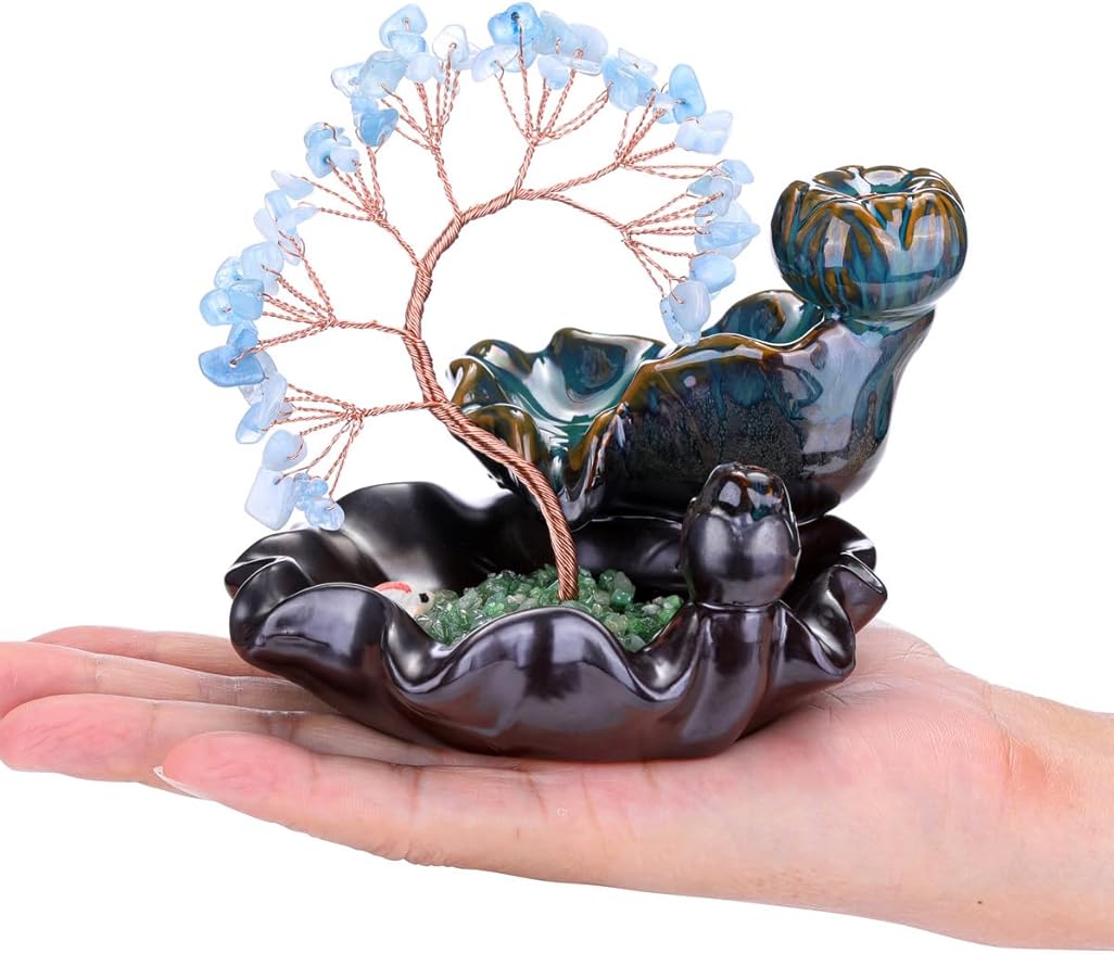 Jovivi Backflow Incense Burner Ceramic Incense Waterfall, Natural Aquamarine Healing Crystal Money Tree Incense Holder for Wealth, Good Luck, Yoga Meditation, Home Decor - Bloomnest