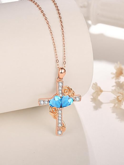 Rose Gold Dual Birthstones Cross Necklace for Women Rose Flower Jewelry Anniversary Christmas Mother's Valentine's Day Birthday Gift for Wife Girlfriend Mom - Bloomnest