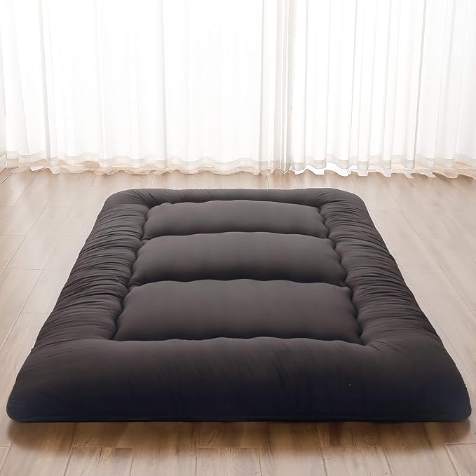 Japanese Floor Mattress, Futon Mattress with Portable Storage Bag and Washable Cover, Roll Up Thick Tatami Mat Suitable for Camping, Guest Room, Black, Twin - Bloomnest