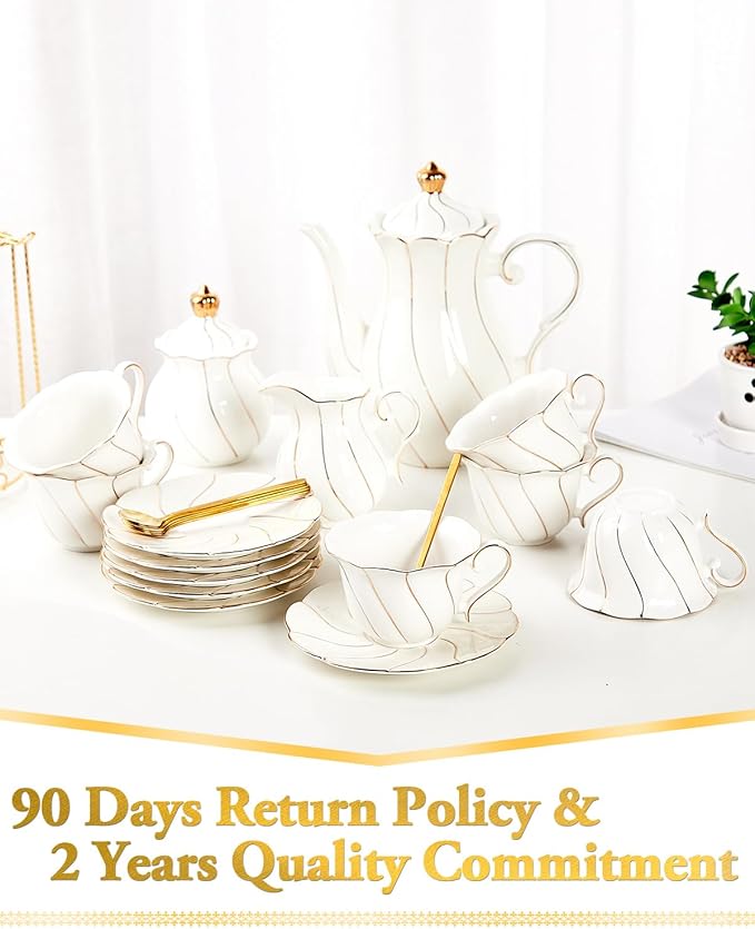 DUJUST 22 pcs White Porcelain Tea Set for 6, Luxury British Style Tea/Coffee Cup Set with Golden Trim, Beautiful Tea Set for Women, Tea Party Set, Gift Package (With a Stand) - Bloomnest