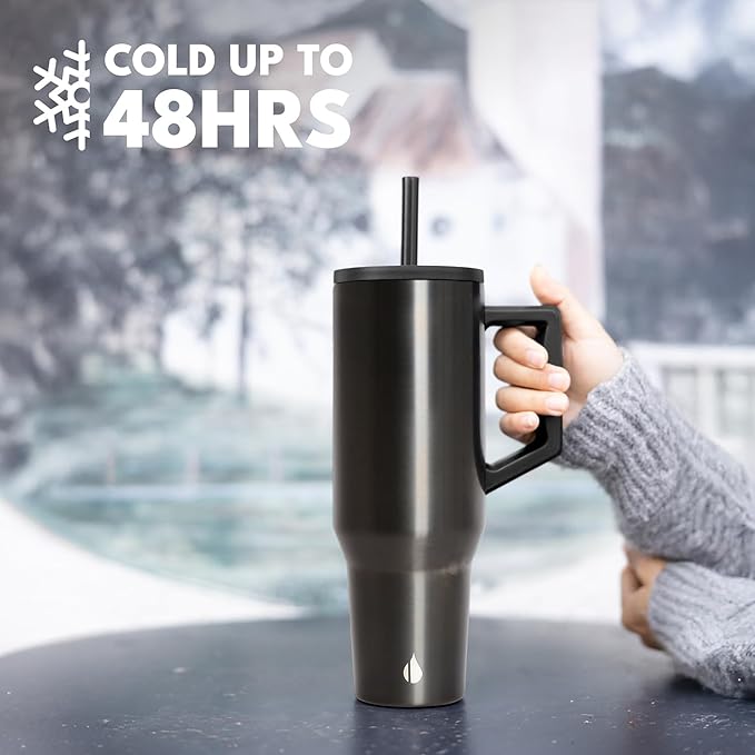 Elemental 40 oz Tumbler with Handle and Straw - Spill Proof Insulated Stainless Steel Commuter for Hot and Cold Beverages - Travel Coffee Mug with 2 Straws & Spill Proof Lid - 40oz- Gunmetal - Bloomnest