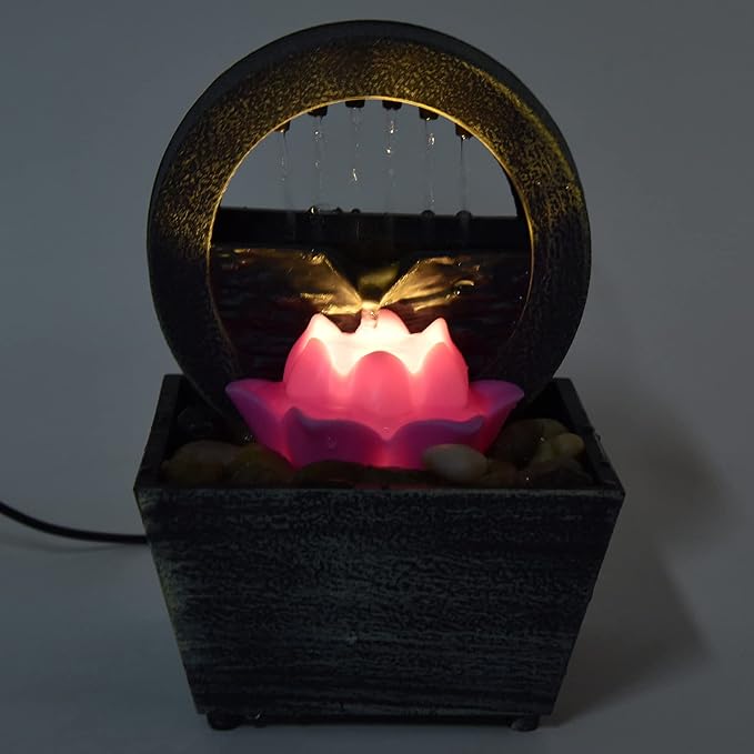 Tabletop Fountain, 3V 16.5x11.5x11.5cm Plastic Flower Tabletop Water Fountain, Home Decor with Stones LED Lights for Home Office Indoor Spaces Decor