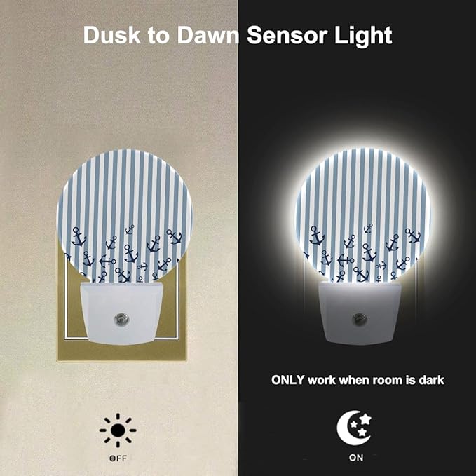 EKOBLA Watercolor Anchor LED Night Light Blue and White Stripes Nautical Coastal Dusk to Dawn Plug-in Nightlights Auto Sensor for Home Indoor Bathroom Hallway Kitchen - Bloomnest