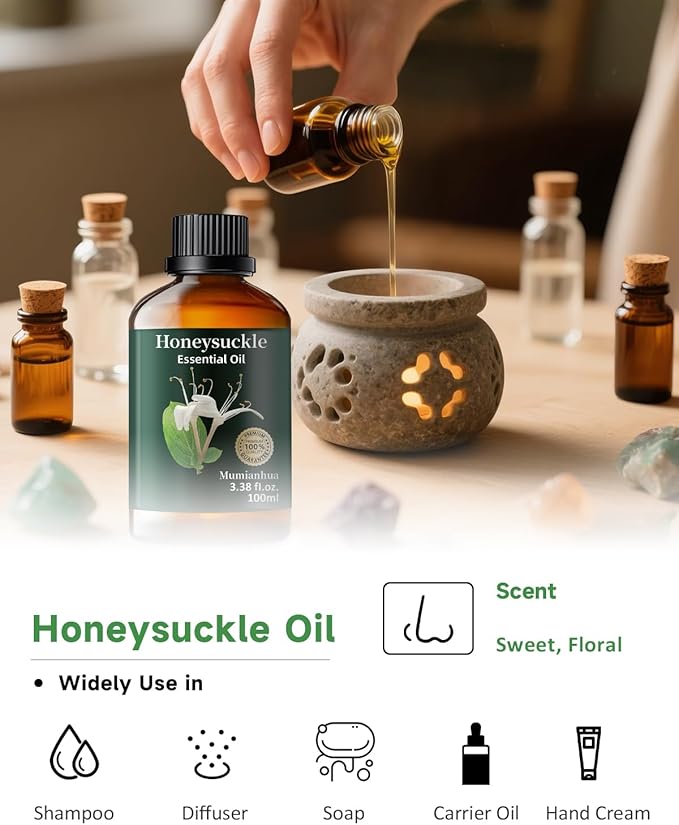 Pure Honeysuckle Essential Oil,Mumianhua Natural Honeysuckle Oil for Humidifier, Sweet Relaxation, Evening Serenity, Floral Diffusion, Laundry, Reed Diffuser, Skin,Candles,Perfume Crafts 3.38 Fl Oz - Bloomnest