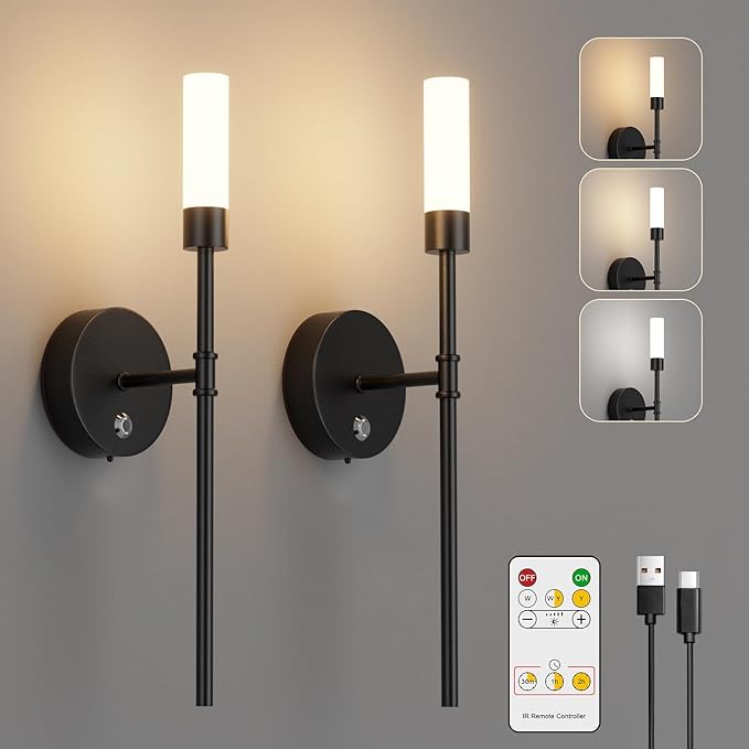 Black Battery Operated Wall Sconce Set of 2,3000K-6000K Dimmable 6000mAh Rechargeable Wall Sconce Indoor Wireless Wall Lights Remote Control for Bedroom,Living Room,Hallway - Bloomnest