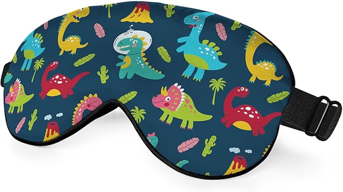 Cute Dinosaurs Sleep Eye Mask Children Print Palm Tree Animal Green Blue Red Silk Eye Mask Sleeping Soft Eye Shade Cover for Men Boy Girl Airplane Travel with Elastic Strap - Bloomnest