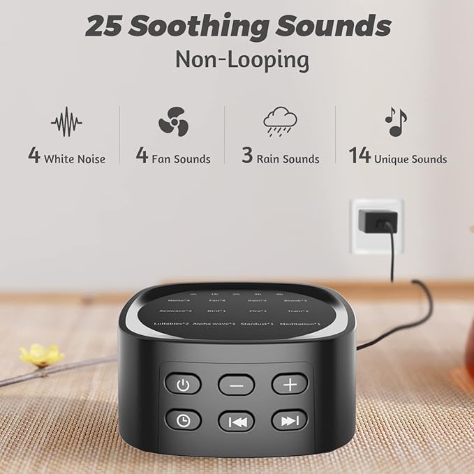 Sleepbox Sleep White Noise Sound Machines with 25 Soothing Sounds 36 Volume Levels 5 Timers Visible Sound Catalog Portable Size Memory Function for Home Office and Travel