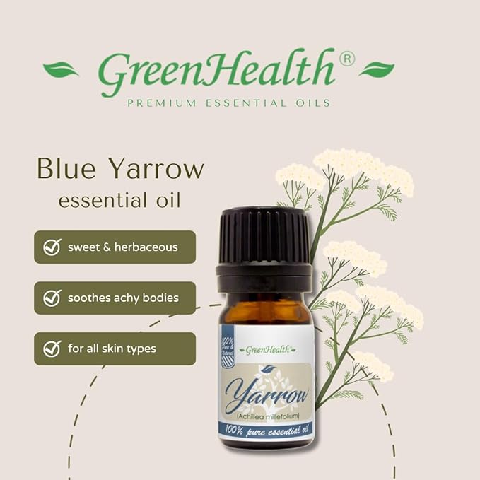 Yarrow (Blue) Essential Oil – 5 ml – 100% Pure & Natural – Therapeutic Grade – Achillea millefolium – Calming & Skin-Soothing – Amber Glass Bottle with Euro Dropper – GreenHealth Greenals