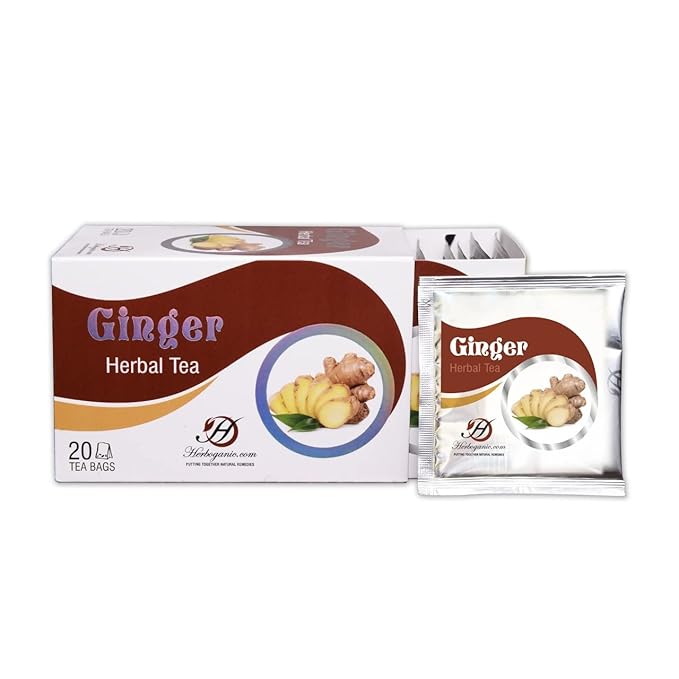 Herboganic Herbal Ginger Tea Bags, Natural Remedy Ginger Tea, Supports Good Digestion, Soothes Throat & Relieves Motion Sickness (Pack of 20) - Bloomnest