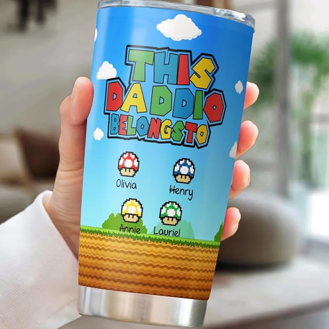 This Daddio Belongs To Tumbler, 20oz or 30oz Personalized Gamer-Style Travel Mug with Kids' Names and Pixel Icons, Funny Gift for Dad, Father's Day Custom Stainless Steel Cup for Gamers - Bloomnest
