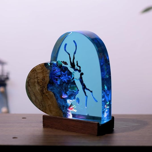 Handmade 3D Ocean Resin Lamp, Epoxy Ocean Night Light with Wooden Base, LED Color Changing Table Lamp, USB Powered Dragons Decor, Unique Ocean Gift for Bedroom & Home Office (Heart Shape) - Bloomnest