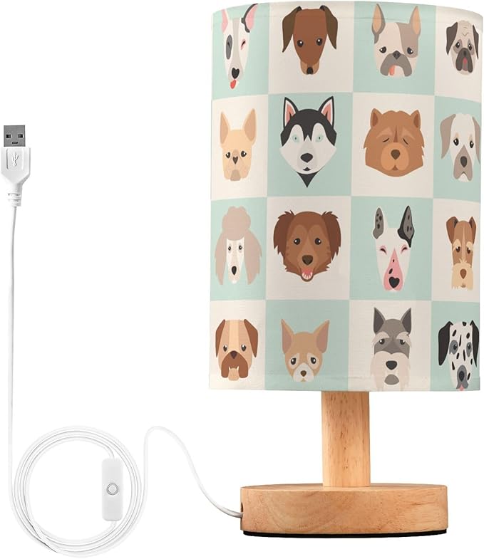 Table Lamp Cartoon Dog Head in Grid Nightstand Lamp with Wood Base Fabric Lamp Shade Bedside Desk Lamp for Living Room Bedroom Kids Room Office - Bloomnest