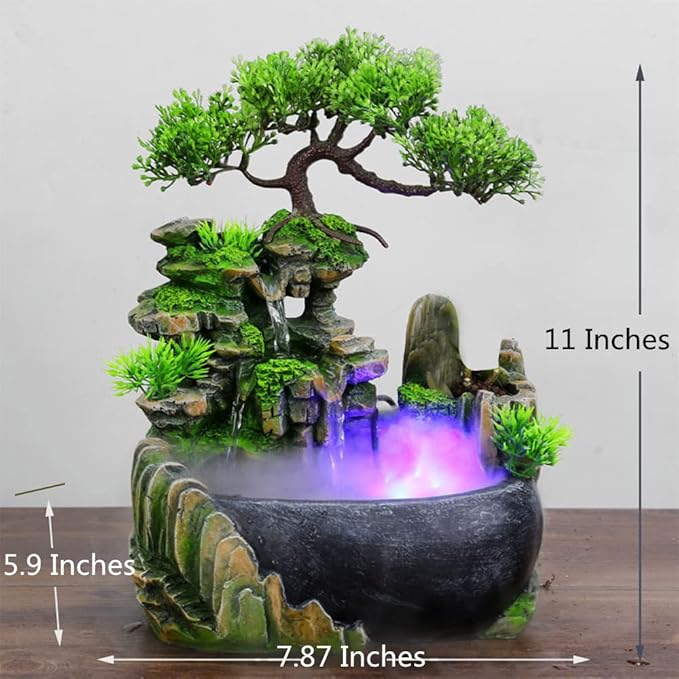 Desktop Fountain Waterfall with Light Rockery Fountain Zen Meditation Plants Stones LED Lamp Indoor Feature with Automatic Pump Relaxation Resin Planter for Office Decoration - Bloomnest
