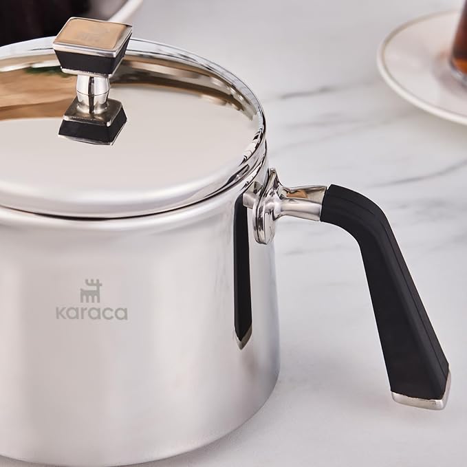 Karaca Fiona Stainless Steel Turkish Teapot Set XL, 1L Tea Pot & 2L Water Tank (Kettle), Stove Top/Induction Compatible, Elegant Silver Design, Easy to Clean, Non-Flammable Handles - Bloomnest