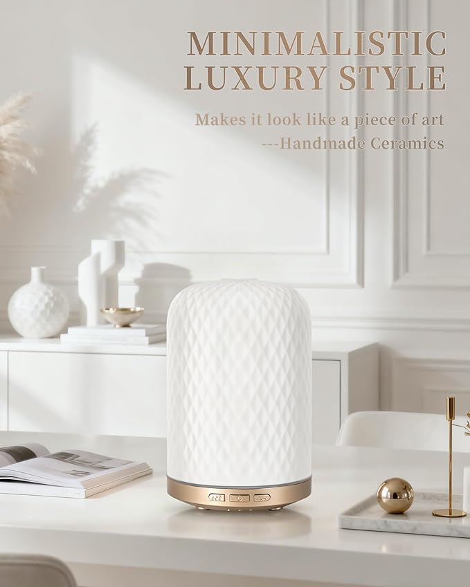 Essential Oil Diffuser,120ML 2.4MHz Ultrasonic Aromatherapy Diffusers for Essential Oils Large Room, Ceramic Diffusers Decorative Aroma Diffuser, Ideal Air Diffusers for Home, Room Decor, Yoga, White - Bloomnest