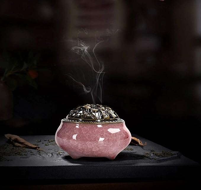 Ceramic Incense Burner with Calabash Incense Holder, 3 in 1 Stick or Cone Coil Incense Burner, Brass Lid for Yoga Spa Meditation - Bloomnest
