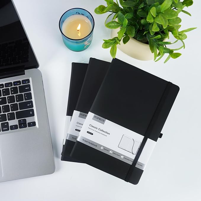 POPRUN 8 Pack Black Lined Journal Notebooks, Waterproof PU Leather Hardcover, A5 Classic College Ruled Journals for Writing, Business Work, School Note Taking, 5.5 x 8.3 inch, 240 Pages Notepad - Bloomnest