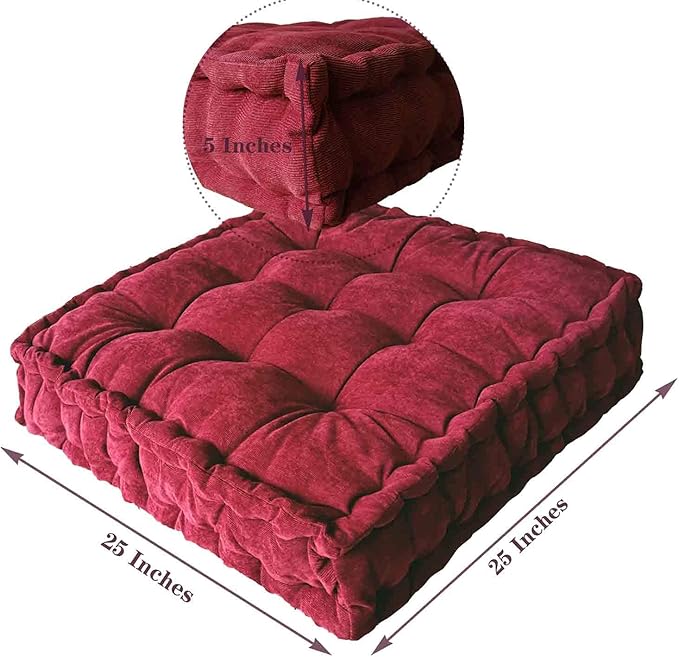 Verpert Floor Pillow 25x25 Inch, Square Meditation Cushion Floor Seating for Adults, Oversized Tufted seat Cushion Reading Nook for Kids, Yoga Meditation Pillow for Sitting on Floor Maroon