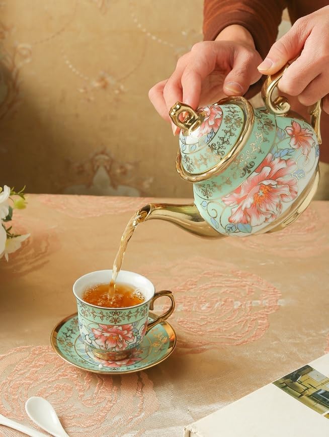 20 Pcs Porcelain Tea Set with Metal Holder, Adult Tea Set Gift, European Ceramic Tea Set for Adults, Flower Tea Cup Saucer Set for Party With Gold Flower Painting (Fresh Green) - Bloomnest