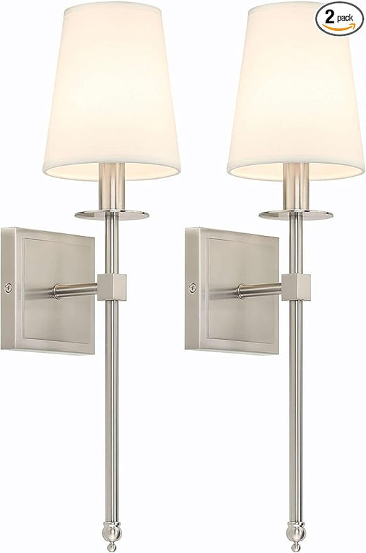 XiNBEi Lighting Bedroom Wall Lamps Set of 2, Modern Bedside Wall Sconce Light with Flared Fabric Shade 1 Light Wall Light Fixture Brushed Nickel Finish for Vanity Bathroom & Living Room - Bloomnest