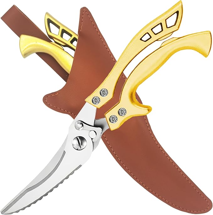 ANDONG Heavy Duty Kitchen Poultry Shears with Serrated Edge, Spring Loaded Kitchen Scissors, Professional Chicken Shears, Gold - Bloomnest