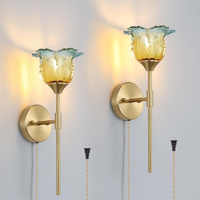 2 Pack Plug in Gold Wall Sconce with Modern Flower Glass Shades, Modern Mid Century Bathroom Vanity Wall Light Fixtures, Industrial Brushed Brass Wall Lamp, for Bedroom Mirror Living Room - Bloomnest