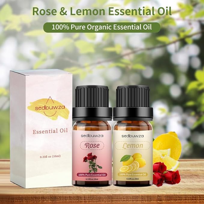 Sedbuwza Rose Lemon Essential Oil Set, Rose Fragrance Oil Lemon Scent Oil Set for Diffuser, Aromatherapy, Massage, Soap, Candle Making 2 x 10 ml Sedbuwza