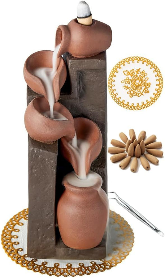 Unique Cascading Basins Ceramic Waterfall Incense Holder, Paired with a Pack of Backflow Incense Cones. (Primary) - Bloomnest