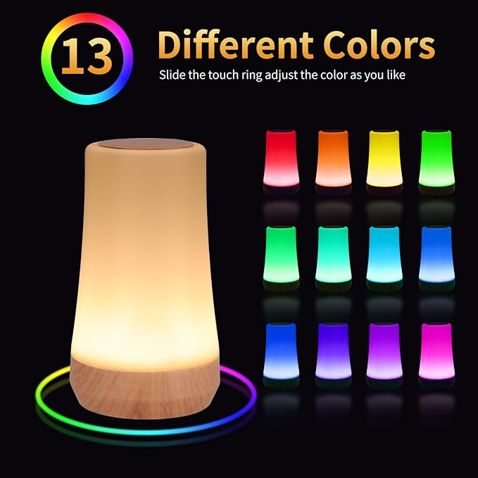 OORUN Touch Bedside Table Lamp,13 RGB Colors & 5 Brightness, USB Rechargeable Desk Lamp, Remote Control Dimmable Light with RGB Color Changing,Portable Lamp for Baby (F9) - Bloomnest