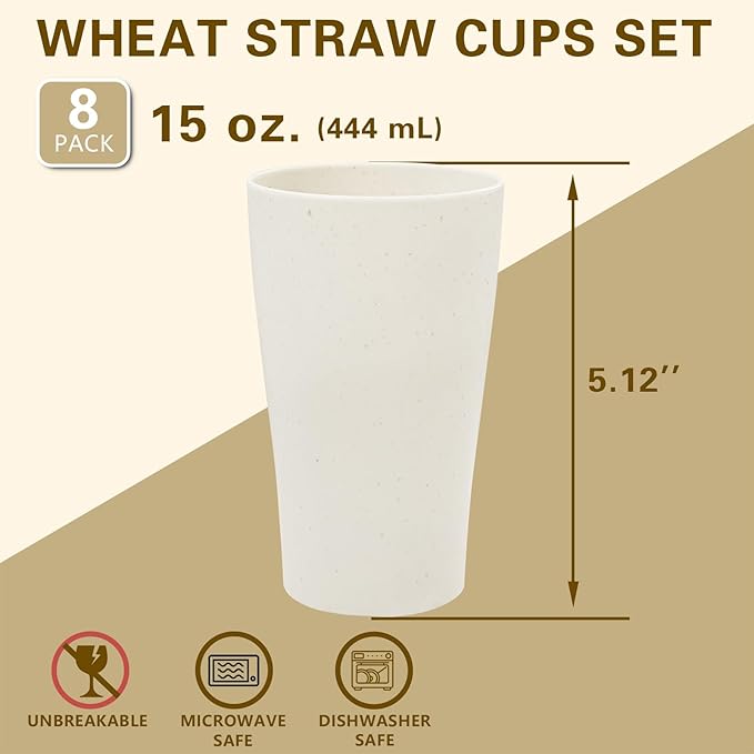EI 8pcs Wheat Straw Cups,Beige Unbreakable Plastic Reusable Cups,Plastic Tumbler Cups for Kitchen,Dishwasher Safe Water Glasses,Drinking Glasses for Water, Coffee, Juice, Tea - Bloomnest