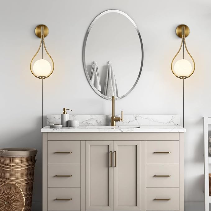Modo Lighting Glass Ball Wall Sconce Plug in Mid Century Modern Drop Design Wall Light Brushed Brass Gold Wall Lamps for Bedside Living Room (with Plug in 2 Pack) - Bloomnest
