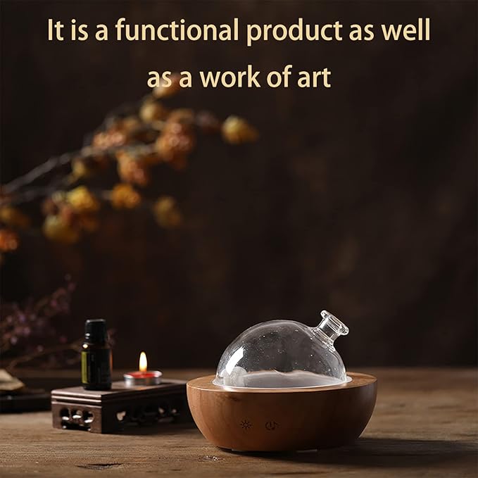 Glass Essential Oil Diffuser with Real Wood Base, 180ml Aromatherapy Diffuser with 2 Mist Modes, 7 Colors LED Light Ultrasonic Cool Mist Humidifier for Home and Office Bloomnest