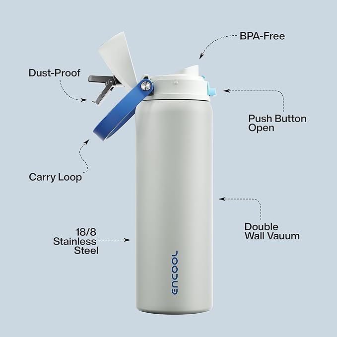 Insulated Water Bottle with Straw - Encool Stainless Steel Water Bottle with Push Button Lid, Leak-Proof & BPA-Free, Keeps Cold for 24 Hours for Sports, Travel, Gym (32 oz, Quill Grey-Blue) ENCOOL
