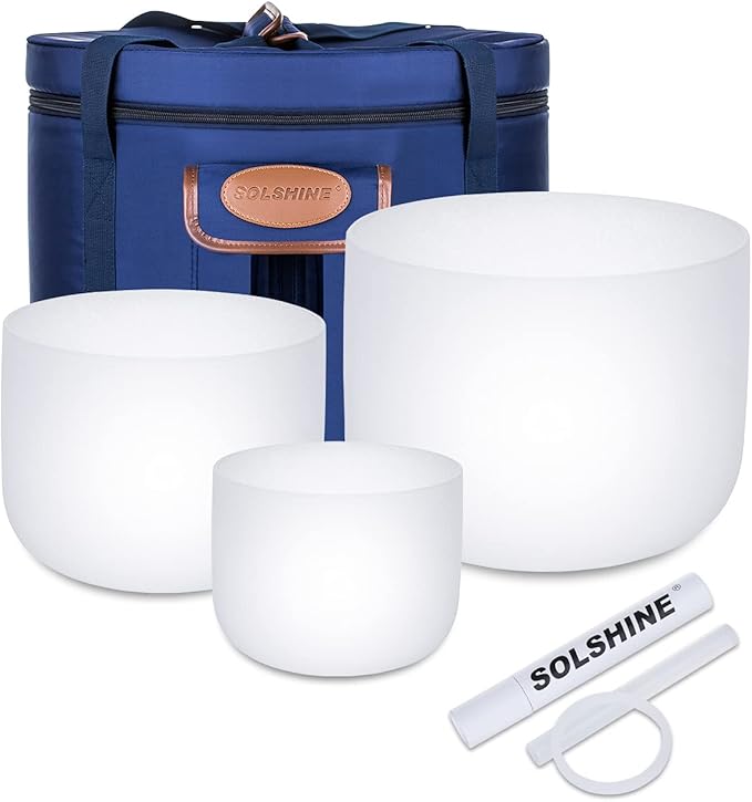 SOLSHINE 3PCS 8inch 10inch 12inch Crystal Singing Bowl Set 432Hz,Ｃ F B Chakra Tuned with Sounds Bowl Mallet Suede Strikers and O-rings, Carry Bag for Meditation, Yoga, Spiritual, Body Healing - Bloomnest