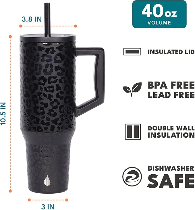 Elemental 40 oz Tumbler with Handle and Straw - Spill Proof Insulated Stainless Steel Commuter for Hot and Cold Beverages - Travel Coffee Mug with 2 Straws & Spill Proof Lid - 40oz - Black Leopard - Bloomnest