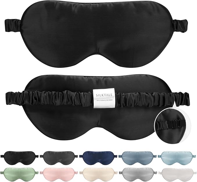 100% Mulberry Silk Eye Mask for Sleeping with Silk Wrapped Adjustable Strap,Black - Bloomnest