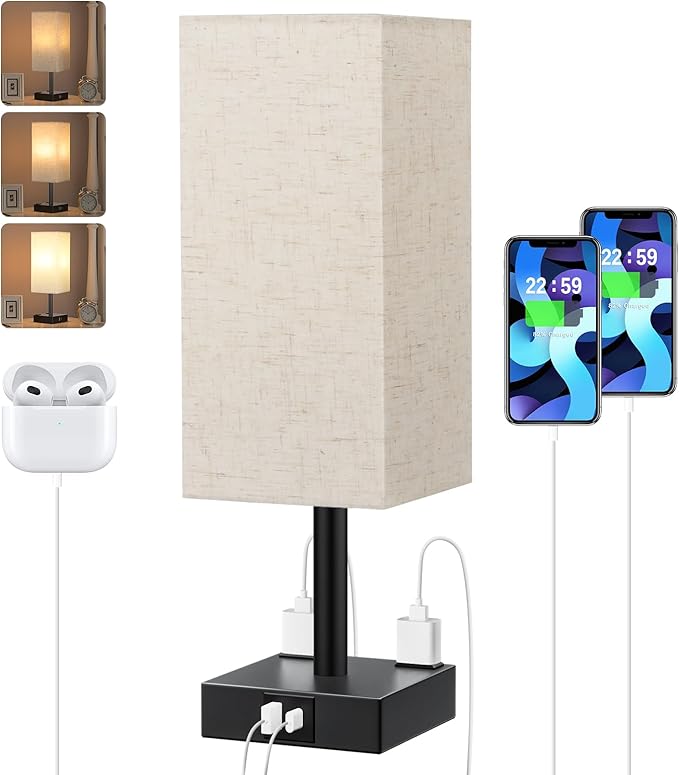 Touch Bedside Table Lamp for Nightstand - 3-Way Dimmable Night Lamp with USB A + Type C Charging Ports and Two AC Outlets, Small Desk Light with E26 LED Bulb for Bedroom Living Room Dorm, Beige - Bloomnest