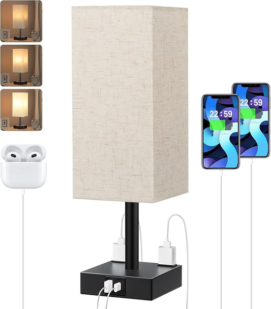 Touch Bedside Table Lamp for Nightstand - 3-Way Dimmable Night Lamp with USB A + Type C Charging Ports and Two AC Outlets, Small Desk Light with E26 LED Bulb for Bedroom Living Room Dorm, Beige - Bloomnest