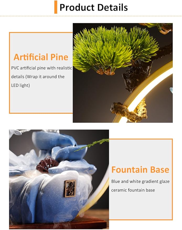 Deer Tabletop Water Fountain with LED Light Mist, Home Decor Includes Backflow Incense,Japanese Water Fountains for Meditation,Indoor Zen Decor for Office,Living Room or Bedroom (Blue)