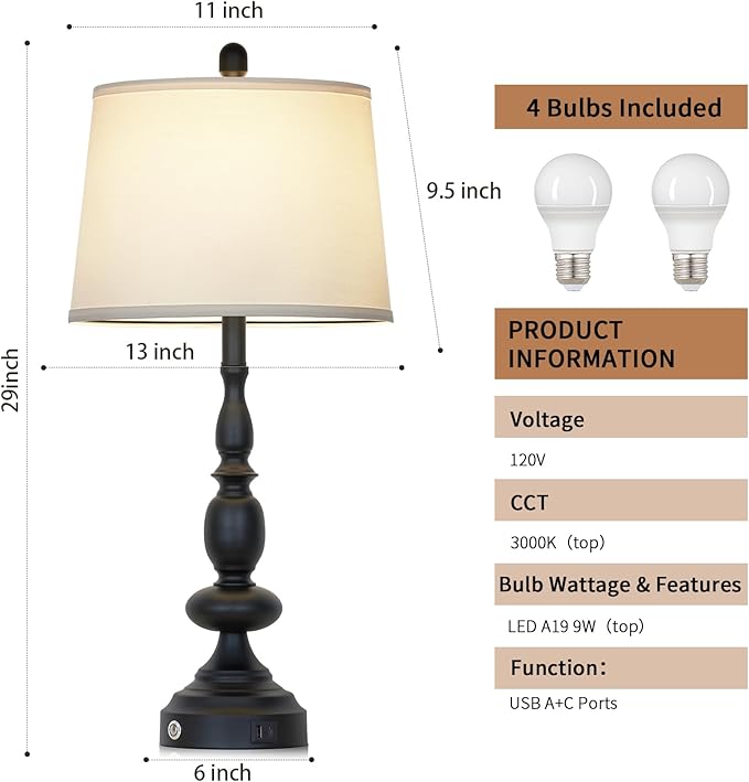 29" Black Modern Table Lamps Set of 2, Industrial Touch Control 3-Way Dimmable Bedside Lamp with USB C+A Ports, Metal Nightstand Lamps for Living Room Bedroom Office Home(2 LED Bulbs Included) - Bloomnest