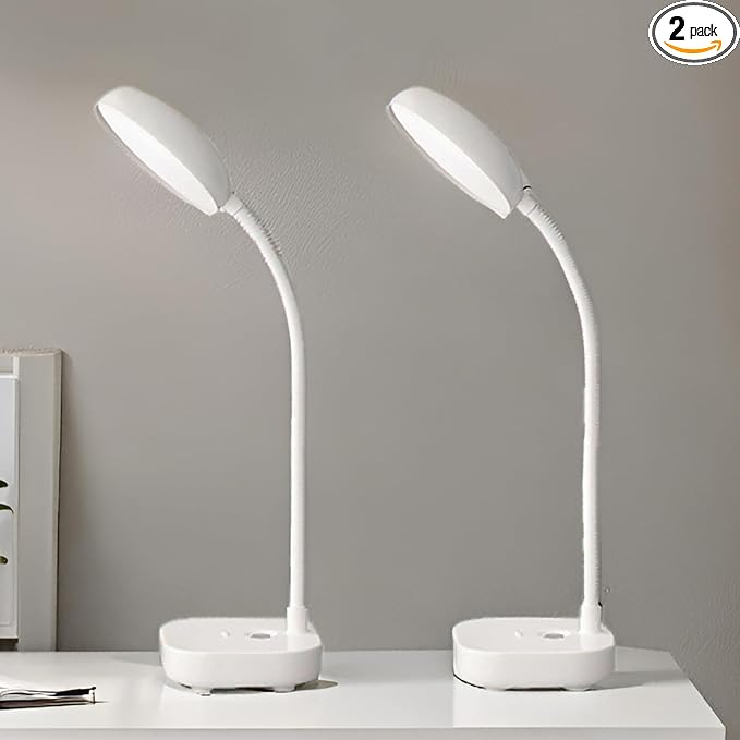 Small desk lamps for small spaces,2 Pack White,Rechargeable desk lamp battery powered,3 light colors,Eye protection light,10 Adjustable brightness,400 lumens,Gooseneck hose,Desk lamps for home office - Bloomnest
