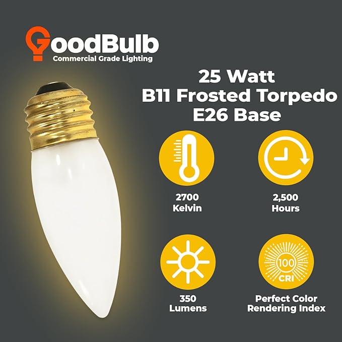 GoodBulb 25-Watt Incandescent Torpedo Light Bulbs B10 Frosted Finish Medium E26 Base 2700K Warm White Color Dimmable 175 Lumens Pack of 12 Bulbs - Bloomnest