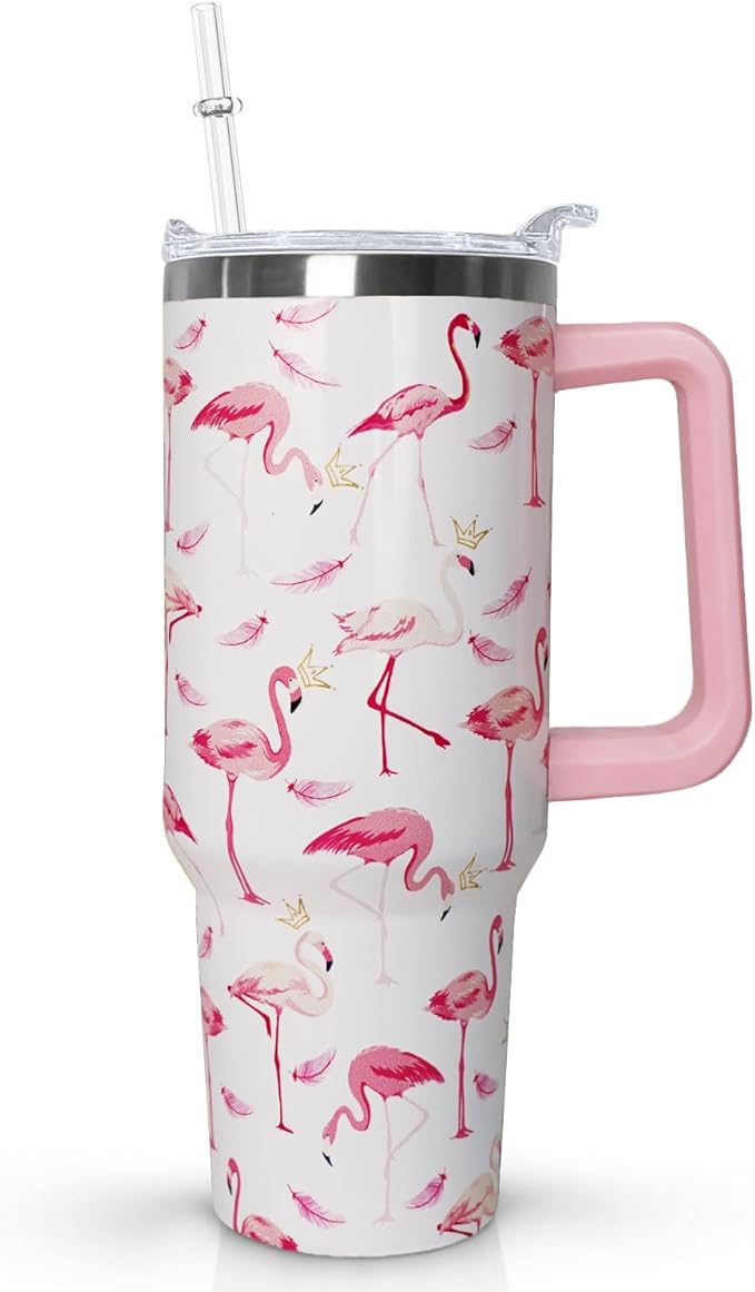 40 oz Pink Flamingo Tumbler with Handle, Lid and Straw - Flamingo Gift for Women - Coffee Mug, Water Bottle - Bloomnest