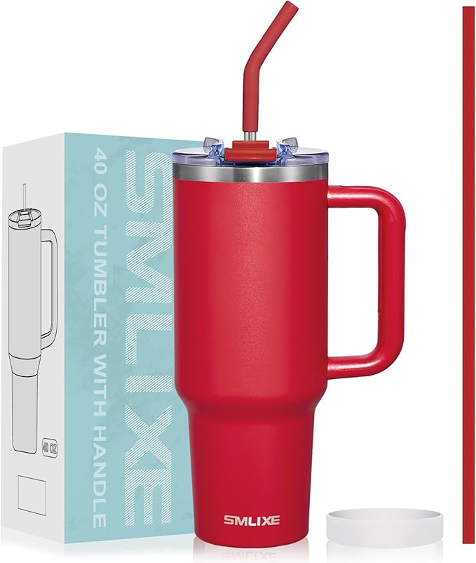 40 oz Tumbler with Handle and Straw Lid,Insulated Reusable Stainless Steel Water Bottle Travel Mug，Cupholder Friendly Double Wall Vacuum Sealed Cup (Cherry Red) - Bloomnest