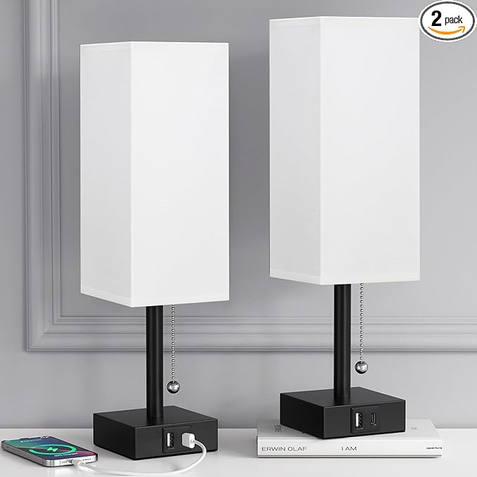 Bedside Table Lamps Set of 2 - Small White Bedroom Lamps with 3 Color Temperatures (3000K/5000K/4000K), Square Nightstand Lamp with USB C + A Charging Ports, Pull Chain Night Light - Bloomnest