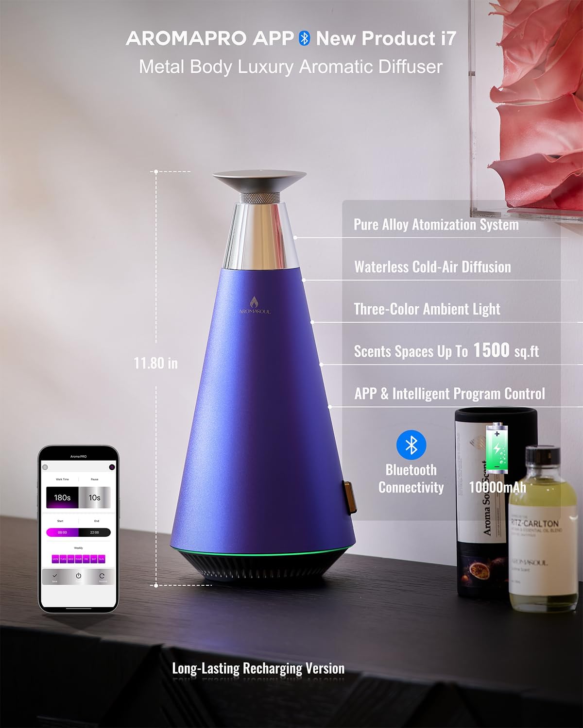 Waterless Scent Diffuser Starter Kit - 1500 Sq Ft Coverage, Alloy Atomization System,Mood Light,Smart Rechargeable Hotel Scent Diffuser, Including 120ml Essential Oil, for Home,Large Room,Spa,Blurple