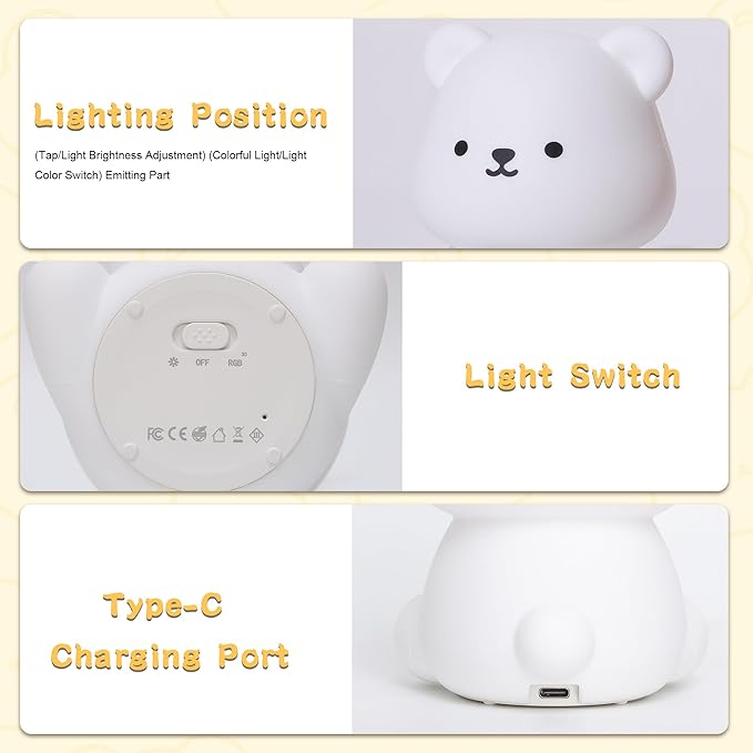 YuanDian Cute Bear Night Light for Kids, Decorate Kids' Bedroom with Silicone Bear Nightlights with 8 Color Lights, Christmas Birthday Gift for Children Toddlers Teens Adults Babies - Bloomnest