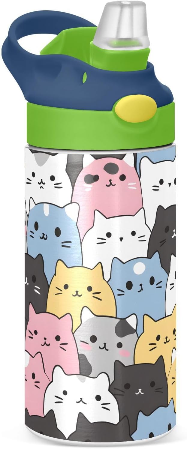 Cats Cute Animal Kids Water Bottle with Straw Lid Insulated Tumbler with Handle Stainless Steel Reusable Toddlers Cup for Kids Boys 12 oz - Bloomnest