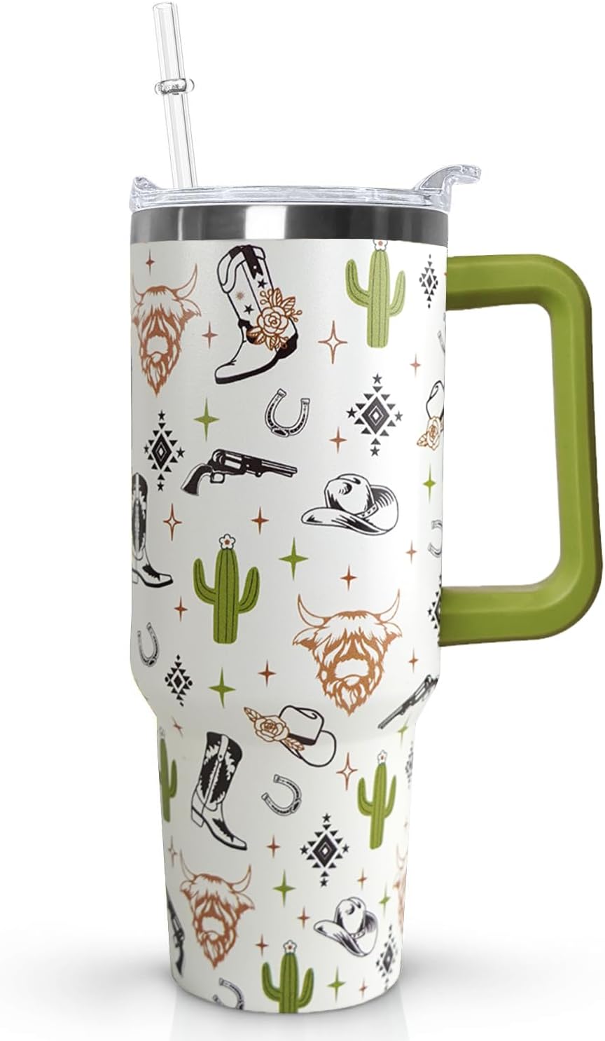 Ceovfoi 40 Oz Western Tumbler With Handle, Cow Skull Coffee Travel Mug Cup Water Bottle, Western Decor, Gifts for Women