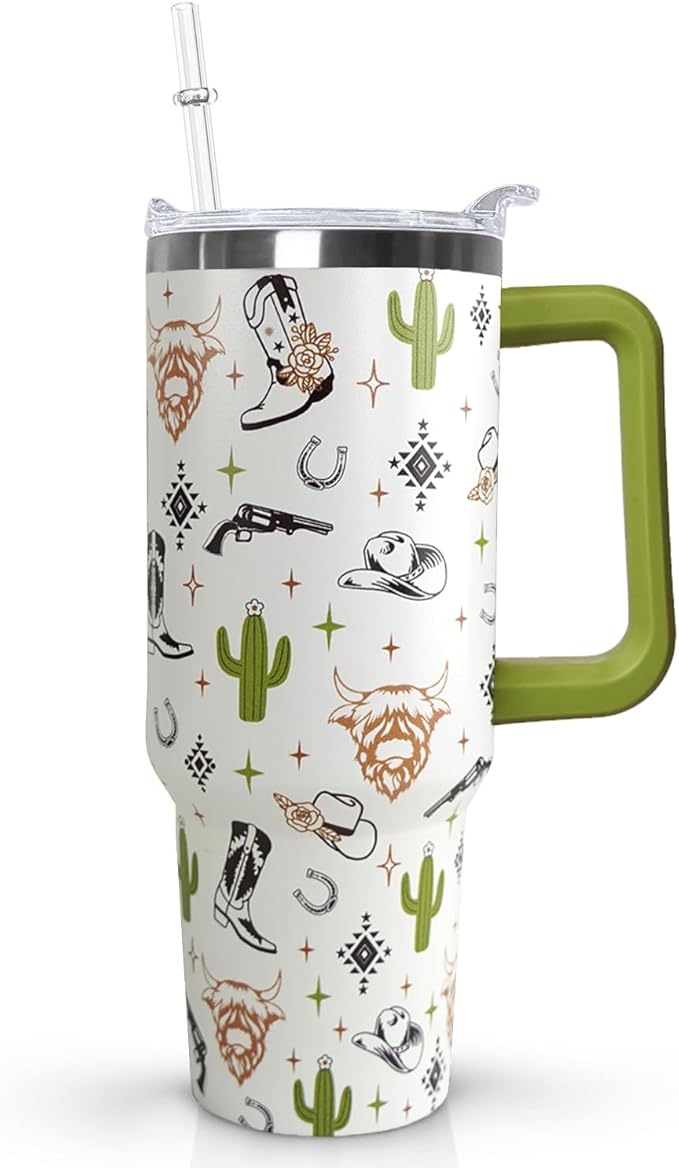 Ceovfoi 40 Oz Western Tumbler With Handle, Cow Skull Coffee Travel Mug Cup Water Bottle, Western Decor, Gifts for Women - Bloomnest